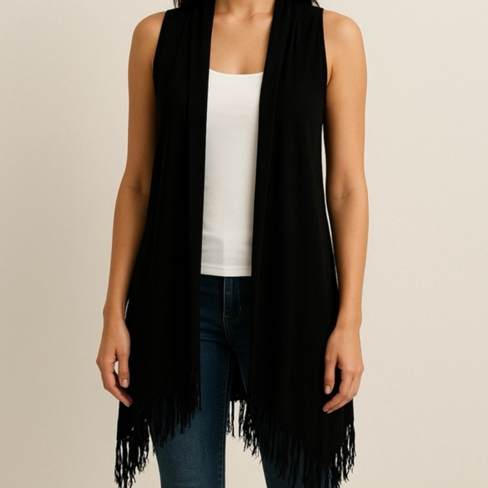 Phase 3 Wool Blend One Size Black Tassle Hem Cardigan‎ NWT